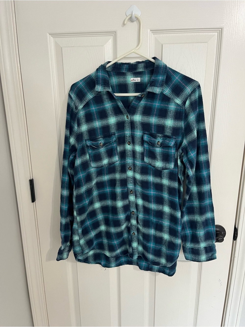Hollister Teal & Navy Plaid Long-Sleeve Button-Down Shirt